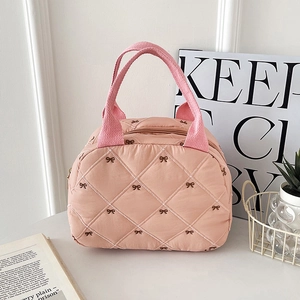 Sac à Main Matelassé en Coton pour Femmes Grande Capacité Brodé de Nœuds Sac Fourre-tout Portable Décontracté Polyvalent Sac de Rangement