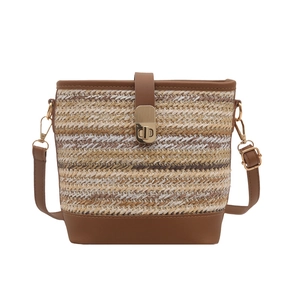 Sac seau tissé coloré avec garniture en cuir marron et bandoulière réglable pratique