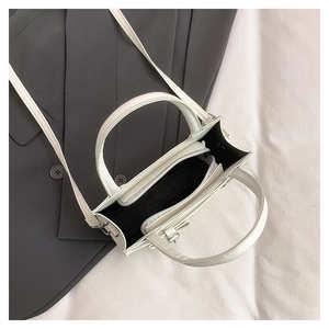 Detailed interior of a white leather square bag with central zip divider and black lining