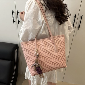 Large Capacity Women Tote Bag Casual Commuter Monogram Letter Print Shoulder Bag PU Leather Handbag