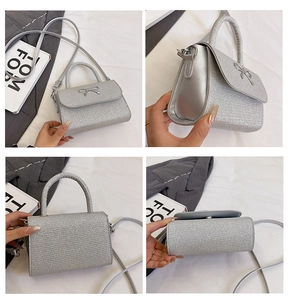 Detailed four-way view showing silver glitter handbag with metal bow clasp and strap