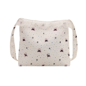 Polka dot canvas tote bag with cartoon bear print and white lace trim detail