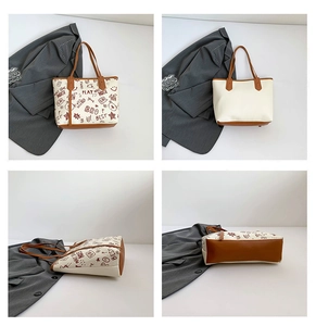 Detailed four-way view showing graffiti prints, plain back, side, and base of tote bag
