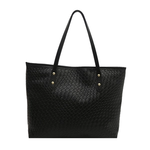 Black woven texture large tote bag with gold rivets and leather handles for women