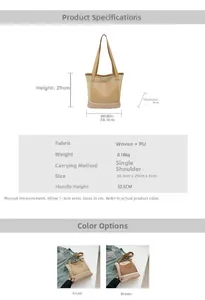 Detailed size specifications for woven straw tote bag with PU leather accents