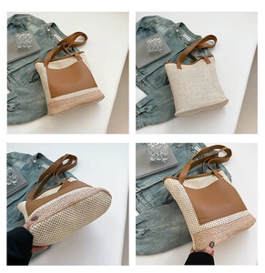 Detailed views of a straw tote bag with brown leather pockets and durable woven texture