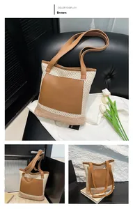 Detail of white straw tote bag featuring brown leather pocket and mesh texture design