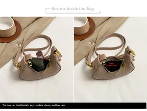 Detail view of mini crescent bag interior capacity showing lipstick and essentials