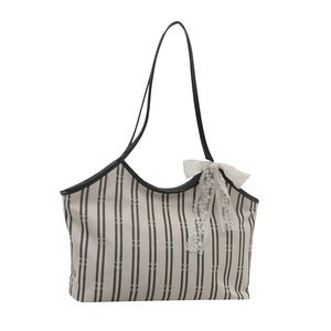 Large capacity canvas tote bag with black stripes and decorative white lace bow