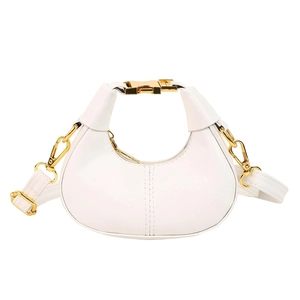 Minimalist white PU leather half-moon hobo bag with gold chain strap and metal buckle