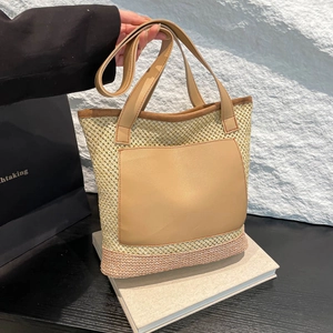 Women Fashion Straw Woven Tote Bag Large Capacity Casual Shoulder Bag With PU Leather Pocket Summer Beach Vacation Bag