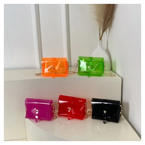 Mini transparent PVC crossbody bags in five colors with gold chain straps on display