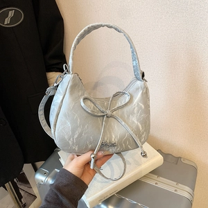 Women Fashion Bow Underarm Bag PU Leather Wrinkled Shoulder Crossbody Bag Casual Hobo Handbag Daily Versatile Commuter Bag