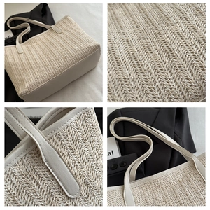 Vues détaillées du sac cabas en paille avec anses en cuir et texture chevron