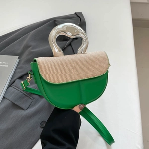 Saddle Crossbody Bag Women PU Leather Woven Patchwork Irregular Silver Metal Handle Adjustable Strap Stylish Handbag