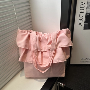 Women Large Capacity Ruffle Tote Bag Pleated Canvas Shoulder Bag Sweet Korean Style Casual Handbag For Daily Travel