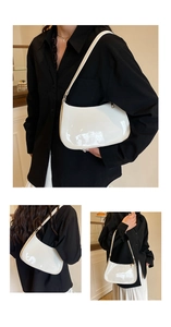 Multiple views of a glossy white crescent underarm bag with sleek gold-tone hardware