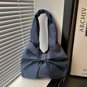 Denim Bow Shoulder Bag Large Hobo Tote Korean Style Casual Fashion Handbag For Women