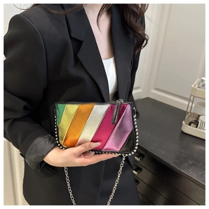 Detail of colorful rainbow striped chain bag with metallic finish and silver beads