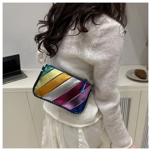 Detail of multi-color metallic patchwork shoulder bag with silver chain edge and strap
