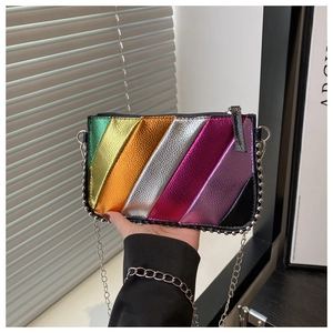 Detail of colorful metallic rainbow stripes and beaded edges on this chain crossbody bag