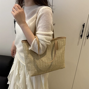 Large woven straw tote bag with brown leather straps for women summer casual style