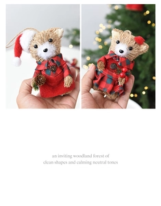Close-up of handmade sisal bear ornaments with red plaid fabric and pinecone details