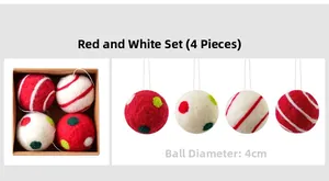Detail of wool felt snowflake balls 4cm diameter set with hanging strings and box