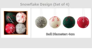 Detail view of 4cm wool felt snowflake balls in four colors for Christmas tree decoration