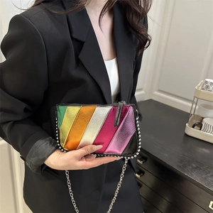 Rainbow striped chain bag with silver studs and lychee pattern faux leather texture