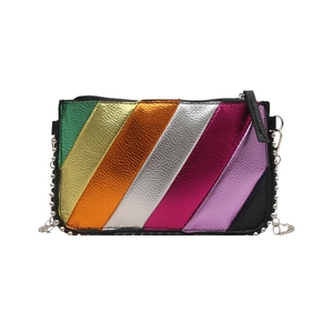 Rainbow striped metallic chain bag with silver rivets and colorful leather panels
