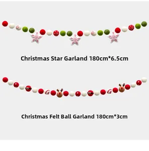 Christmas wool felt ball garland with stars and reindeer patterns for holiday decor