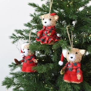 Three-piece set of woven straw Christmas bear ornaments with festive red plaid details