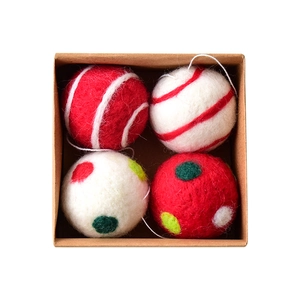 Set of 4 wool felt Christmas snowflake balls with red and white patterns and hanging loops