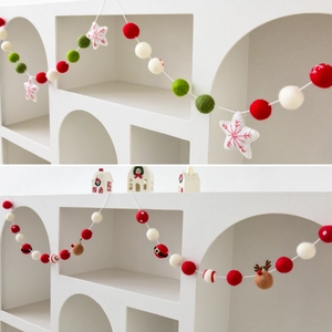 Christmas wool felt ball garland with reindeer and snowflake star hanging decor