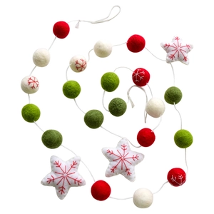 Christmas wool felt ball garland with red and green globes and white embroidered stars