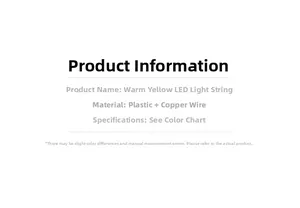Detailed technical specifications for warm yellow LED string lights and copper wiring