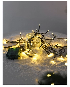 Detail of warm white LED string lights with 8-mode battery box on festive snow background
