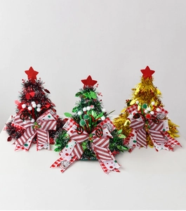 Three-piece set of tinsel Christmas trees with red, green, gold colors and festive bows