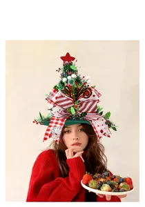 Detailed Christmas tree hat with festive red bows, stars and berry ornaments