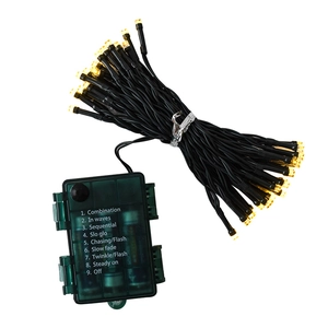 Outdoor LED Christmas string lights with warm yellow beads and 8-mode battery control box
