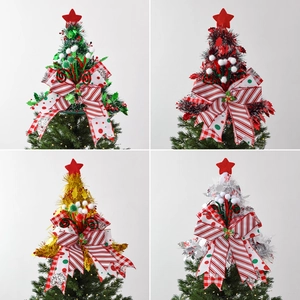 Christmas tree topper set with velvet bows and star ornaments in red, green and gold colors