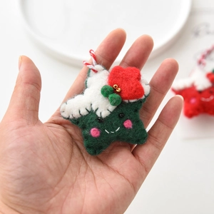 Décoration de Noël en feutre de laine étoile verte avec visage mignon et neige
