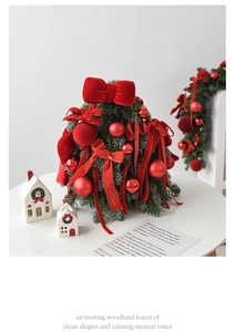 Mini PE Christmas tree with red velvet bows and white ceramic houses decor