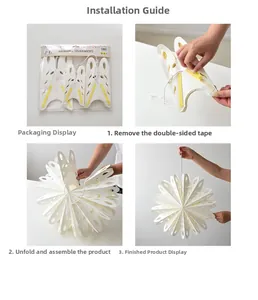 Step-by-step installation guide for white paper snowflake hanging ornaments with 3D design