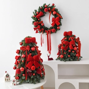 Artificial Christmas Decoration Kit Mini Desktop Tree Wreath Garland Red Velvet Bows Balls Festive Home Office Decor