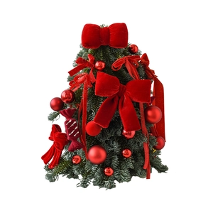Mini green desktop Christmas tree with red velvet bows and shiny baubles on white background