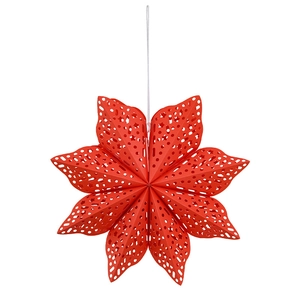 Three-dimensional red paper star ornament with intricate laser-cut snowflake patterns