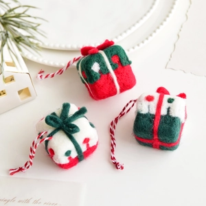 Three-piece set of festive wool felt Christmas gift box ornaments in red, green and white