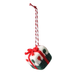 Miniature handmade wool felt Christmas gift box ornament with festive hanging string